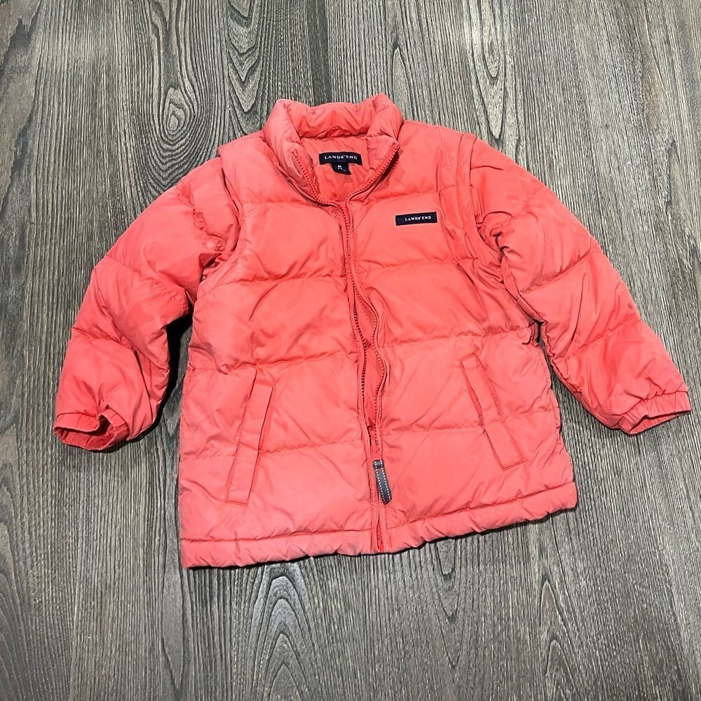 Lands' End Youth Goose Down Feathers Puffer Jacket Full Zip Quilted Orange M 5-6